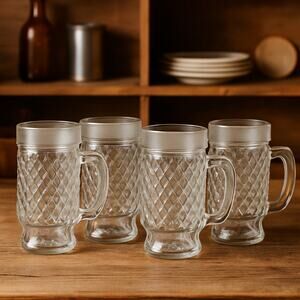 Vintage Diamond-Cut Glass Beer Mugs Set of 4 Clear Heavy Handle 5.75”